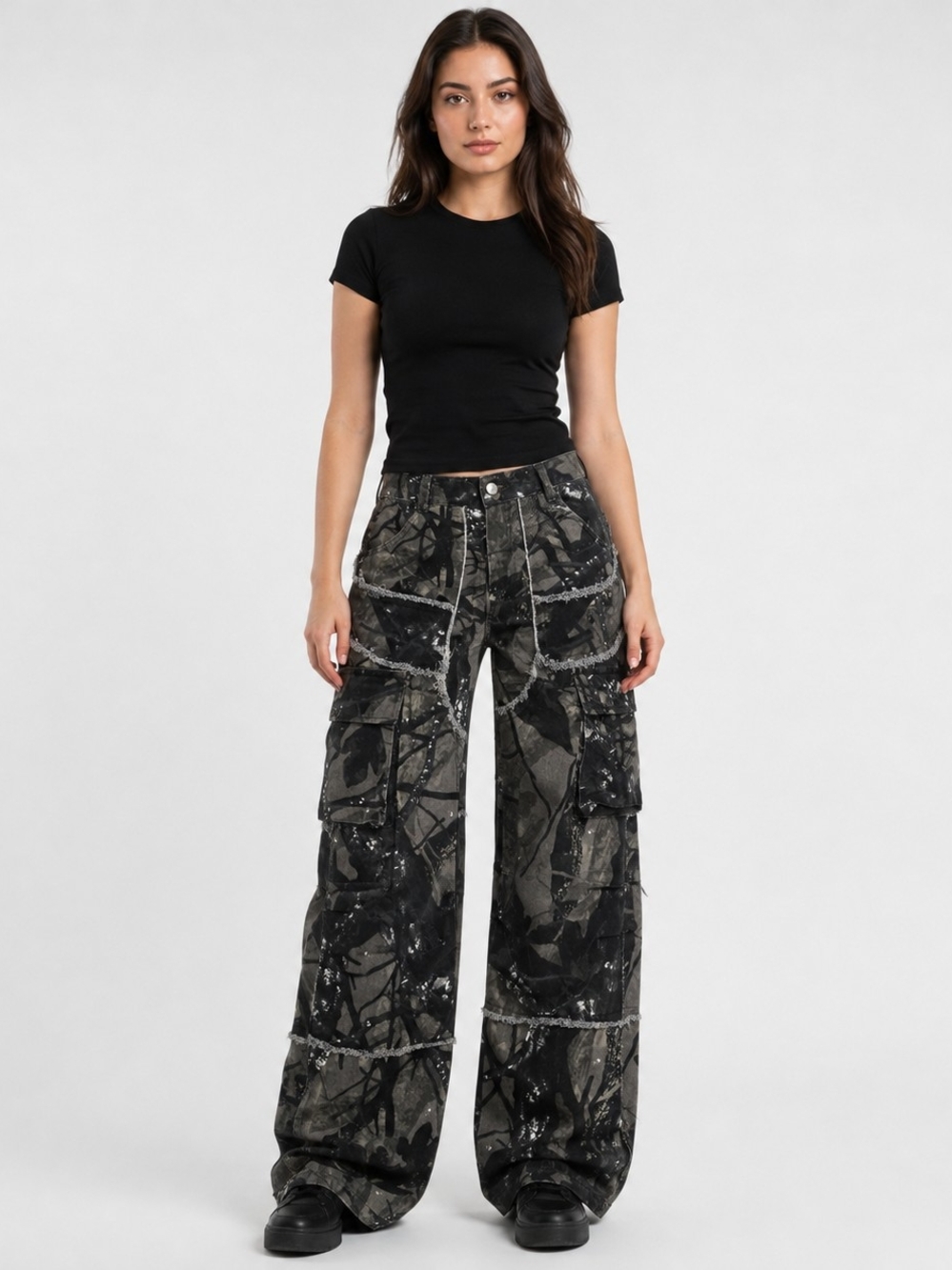 Black Paint-Splatter Wide-Leg Cargo Jeans